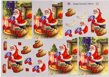 Julemand med gaver foran kamin, firkantet motiv, HM design, 10 ark