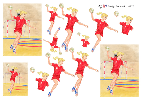 Hopskydende damehåndboldspiller, rødt tøj nr. 3, HM design, 10 ark