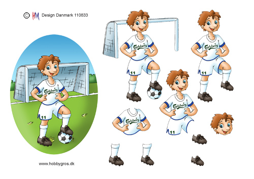 Glad dreng med fod på bold foran mål. Hvidt tøj, nr. 11, HM design, 10 ark