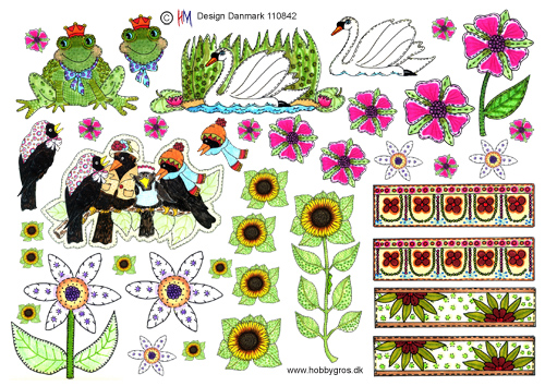 Blomster, fugle og frø på hvid baggrund, HM design, 10 ark