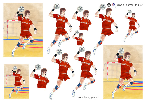 Håndboldspiller i rødt tøj foran mål, HM design, 10 ark