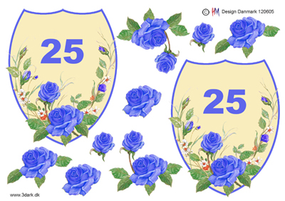 Stor skjold med blå rose og 25 år, HM design, 10 ark