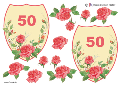 Stor skjold med rød rose og 50 år, HM design, 10 ark