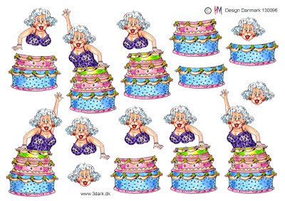 Ældre dame hopper op af en kage, HM design, 10 ark